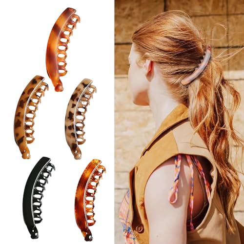 CATOR 5 Stück Groß Bananen Haarspange Vintage Bananen-Haarspangen Banana Clip Rutschfeste Leopard Haar Spange Haarclips Bananen Haarspangen Damen Mädchen Dicke Mittleres Haar von CATOR
