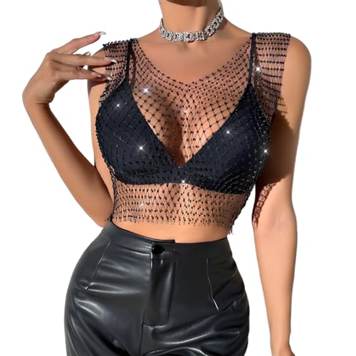 CATOR Glitzer top Mesh Kristall Top Festival Outfit Strasssteine Fischnetz ausgehöhltes Tank Top glitzerndes Körper Accessoire für Frauen und Mädchen festival kleid - Blauer Diamant - Schwarz von CATOR