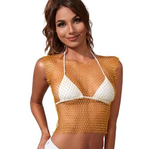 CATOR Glitzer top Mesh Kristall Top Festival Outfit Strasssteine Fischnetz ausgehöhltes Tank Top glitzerndes Körper Accessoire für Frauen und Mädchen festival kleid netzoberteil damen - Gelb von CATOR