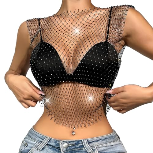 CATOR Glitzer top Mesh Kristall Top Festival Outfit Strasssteine Fischnetz ausgehöhltes Tank Top glitzerndes Körper Accessoire für Frauen und Mädchen festival kleid netzoberteil damen - V - Schwarz von CATOR