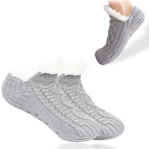 CATOR Kuschelsocken Strick Bodensocken Warme Wintersocken, Bestickte Stoppersocken Rutschsichere Hausschuhe Dicke Socken Gestrickte Bettsocken Haushalt Socken - Hellgrau von CATOR