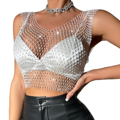 CATOR Mesh Kristall Top Festival Outfit Strasssteine Fischnetz ausgehöhltes Tank Top glitzerndes Körper Accessoire für Frauen und Mädchen - V - Weiß von CATOR
