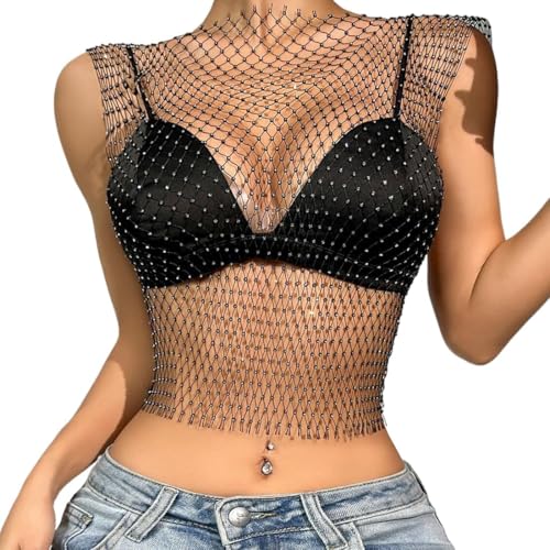 CATOR Tank Top Damen Mesh Crop Top Durchsichtiges Glänzende Netzshirt Fischnetz Strasssteine Cover Up Kristall Sheer Mesh Top Aushöhlen Sparkle Club Wear Sexy Pailletten Netzoberteil -L- Schwarz von CATOR