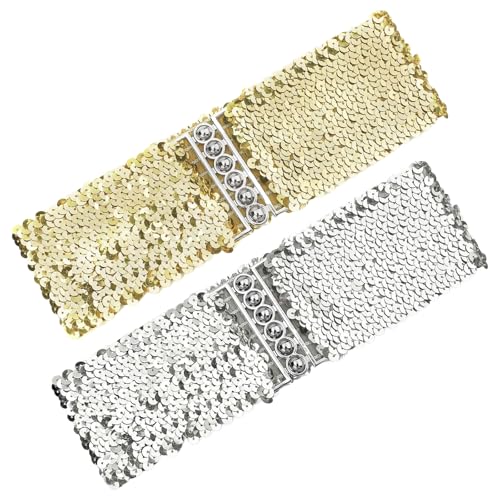 Pailletten Breite Gürtel Damen Metall Schnallen, 2 Stück Glitzergürtel Glitzer Glänzender Taillengürtel, Elastischer Modegürtel, Taillengürtel Retro Glitzergürtel von CATOR