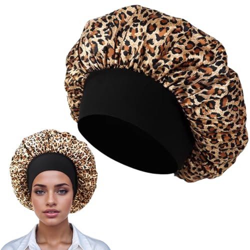 Satin Schlafhaube, Leopardenmuster Seidenhaube Verstellbar Haarhaube Seide, Nacht Schlaf Haube Damen Mädchen Atmungsaktive Schlafkappe Duschhauben von CATOR