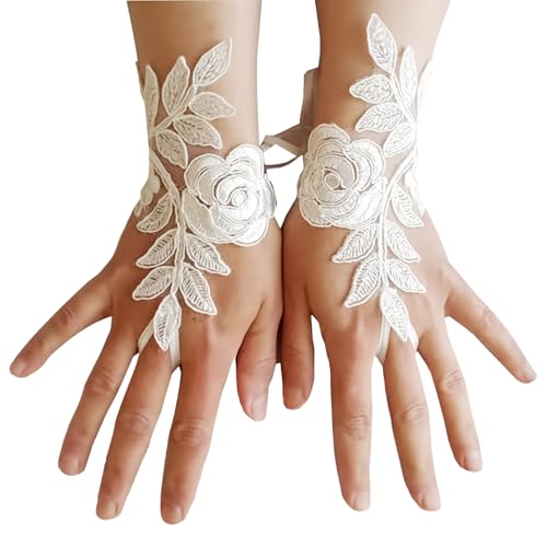 Spitzenhandschuhe Weiß, Damen Feder Spitze Fingerlose Lange Handschuhe für Hochzeit Halloween Maleficent Kostüm von CATOR