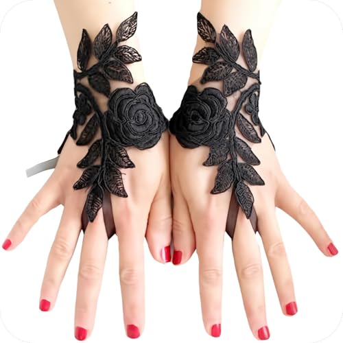 Spitzenhandschuhe Schwarz, Damen Feder Spitze Fingerlose Lange Handschuhe für Hochzeit Halloween Maleficent Kostüm von CATOR