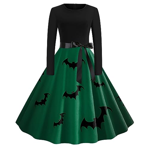 2023 Halloween Kostüm Damen 1950er Retro Style Mittelalter Teufel Print Minikleid Schwingen Kleider mit Bow Gürtel Frauen Vintage Cocktailkleid Kurzarm Rundhals Swing Gastkleider von CAUYDY