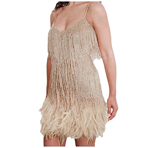 20er Jahre Kleider Damen,Kleid Elegant Abendkleid Frauen Sexy Fransenkleid Ballkleid Flapper Party Kurz Minikleid Einfarbig Abschlusskleid Hochzeit Kleider Pailletten Perlen Fransen sexy ärmellose Gl von CAUYDY