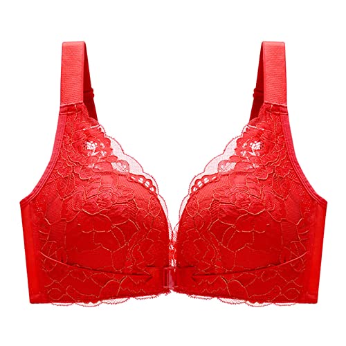 Bh Damen Ohne Träger，Damenunterwäsche Rot Damen-BH in Übergröße, lässig Sexy Spitze vorne Knopf Formende Schale Schulterbügel Bügel-BH Plus Größe Extra-Elastic Wirefree Sexy Dessous von CAUYDY