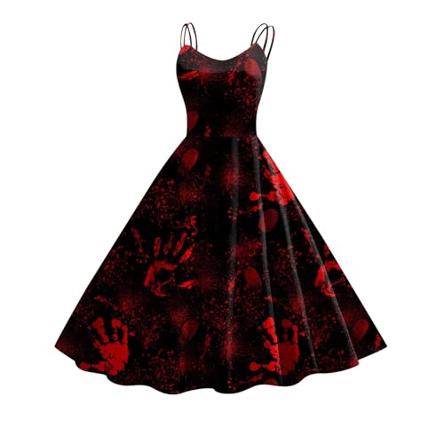 CAUYDY Halloween Kostüm mit Blutigem Aufdruck Damen Retro Mittelalter Kleidung Damen Temperament Ärmelloser Rockabilly Cocktailkleid Schnüren Gebundene Taille Tunikakleider Festlich Gastkleider von CAUYDY