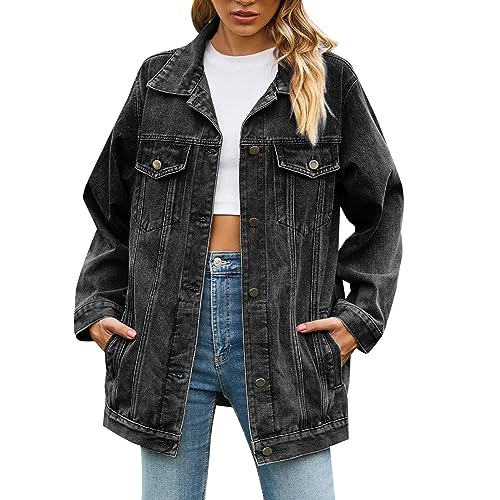 CAUYDY Jeansjacke Damen Kurz Locker Freizeit Jacke Langarm mit Knopfleiste Sweatjacke Damen Umlegekragen Mantel Damen Jeans Einfarbig Jacke Damen Leicht Damenjacke Herbst mit Taschen von CAUYDY