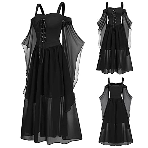 Cocktailkleid Damen Gothic Kleidung Steampunk Damen Cosplay Retro Style Neckholder Spaghetti-TräGer SchnüRen Chiffon SpleißEn Kleider ÄRmellos Steampunk A-Line Solid Color Kleid Spitzenkleid von CAUYDY