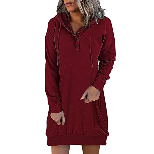 Damen Hoodie Langarm Sweatshirts mit Kapuze Kapuzenpullover Lang Kleid Sweatkleid Casual Minikleid mit Taschen von CAUYDY