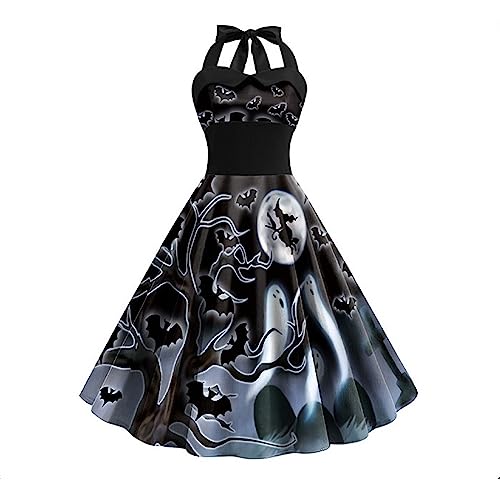 Damen Partykleider Halloween Kleid Frauen Langärm Cocktailkleid Knielang Swing Kleid Rockabilly Festival Karneval Kleidung Partykleider von CAUYDY