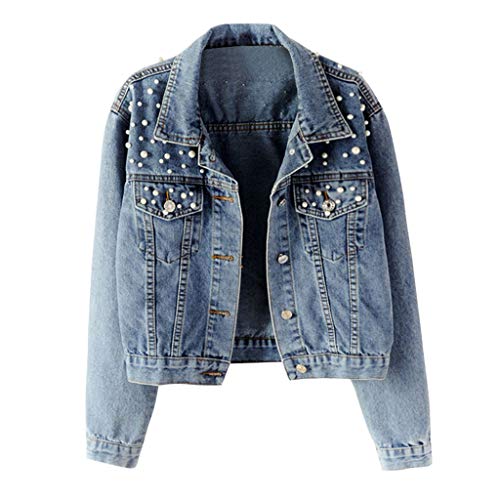 Jeans Jacke Damen,Damen Jeansjacke Farblich Passende Mäntel Langarm Bestickte Lässige Kurze Jeansjacken mit Perlen Verzierte für Einfarbig Slim Fit Denim Verkürzte Jeanskleidung Baumwolle Knopfleiste von CAUYDY