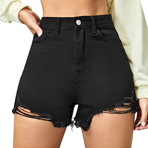 Jeans Shorts Damen Damen Shorts Jeans High Waist, mit Rissen Jeansshorts Denim Kurz Hosen Hotpants Hohe Taille Cut Off Taschen Bermuda Sommer Kurze Hose Weite Bund Skinny Jeanshose Teenager Mädchen B von CAUYDY