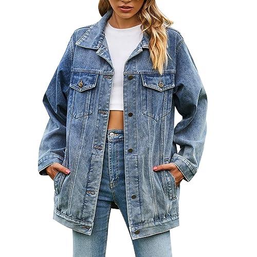 CAUYDY Jeansjacke Damen Blau Vintage Jean Jacke Damen Lässige Revers Denim Jacket Damen Zerrissene Stretch Jean Mantel Frühling Herbst Outwear Mittellang Damenjacke Tasche Kurze Jeansjacke von CAUYDY