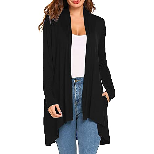 Shirtjacke Damen Lang Damen Strickjacke Licht Casual Cardigan Lang Eleganz Weich drapierte mit offener Vorderseite Langarm Offene Strickmantel High Stretchy Taschen Leichte Rundhalsstrickjacke Einfar von CAUYDY