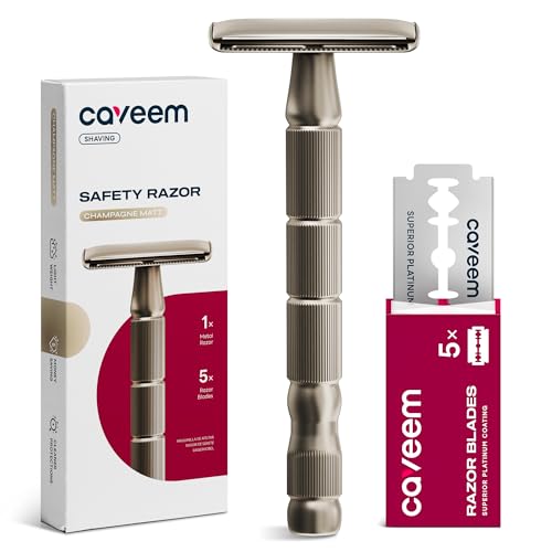 CAVEEM Rasierhobel mit zwei Klingen, Einklingenrasierer mit 5 Rasierklingen aus Edelstahl für Männer und Frauen, wiederverwendbarer Rasierer aus Metall – Champagner matt von CAVEEM