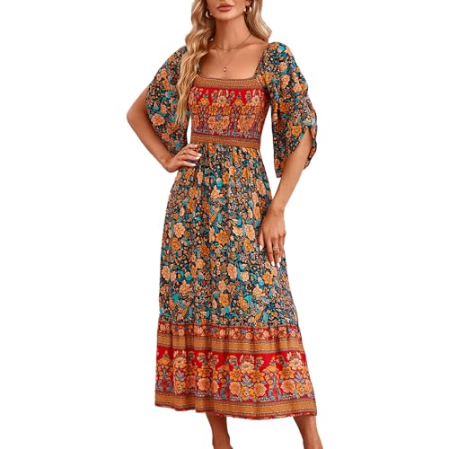 CAVOZEDA Damen Sommer Maxi Kleider Floral Kurzarm Flowy Strand Party Boho Kleid, Blau, Groß von CAVOZEDA