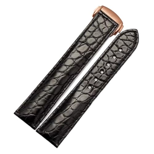 CAWEUER 19 mm 20 21 Krokodillederarmband, kompatibel mit Omega, Seamaster 300 Speedmaster De Ville, Armband Faltschließe(Black-rosegold,20mm) von CAWEUER