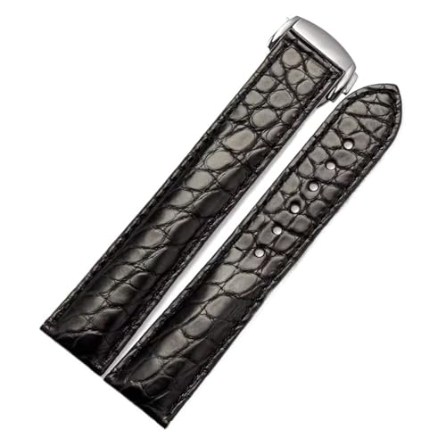 CAWEUER 19 mm 20 21 Krokodillederarmband, kompatibel mit Omega, Seamaster 300 Speedmaster De Ville, Armband Faltschließe(Black-silver,21mm) von CAWEUER