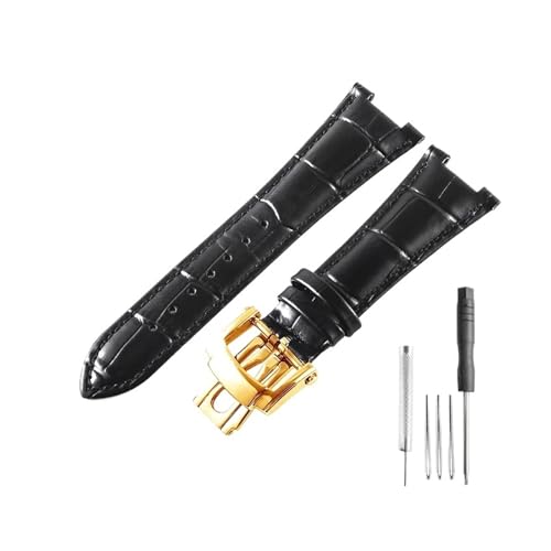 CAWEUER Kompatibel mit Patek Philippe 5711 5712 Uhr aus Rindsleder mit konkav-konvexer Öffnung, Nautilus-Kopf, genarbter Nadelschnalle, Uhrenarmband, 25 mm(Black-GD-Z21) von CAWEUER