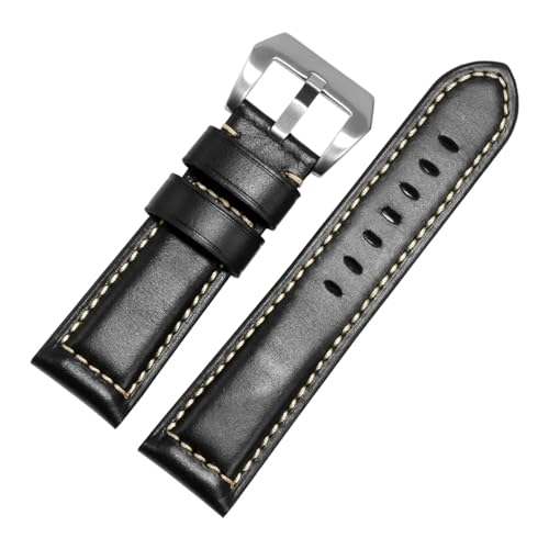 CAWEUER Universal-Uhrenarmband aus Ölwachs-Leder verschiedener Marken, 20/22/24/26 mm, flache Schnittstelle, Crazy Horse-Lederarmband(Black silver clasp,24mm) von CAWEUER