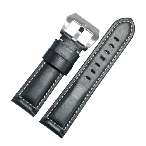 CAWEUER Universal-Uhrenarmband aus Ölwachs-Leder verschiedener Marken, 20/22/24/26 mm, flache Schnittstelle, Crazy Horse-Lederarmband(Dark blue silver,24mm) von CAWEUER