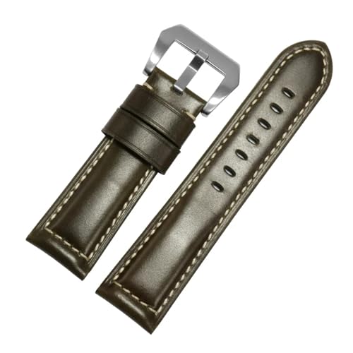 CAWEUER Universal-Uhrenarmband aus Ölwachs-Leder verschiedener Marken, 20/22/24/26 mm, flache Schnittstelle, Crazy Horse-Lederarmband(Dark green silver,22mm) von CAWEUER