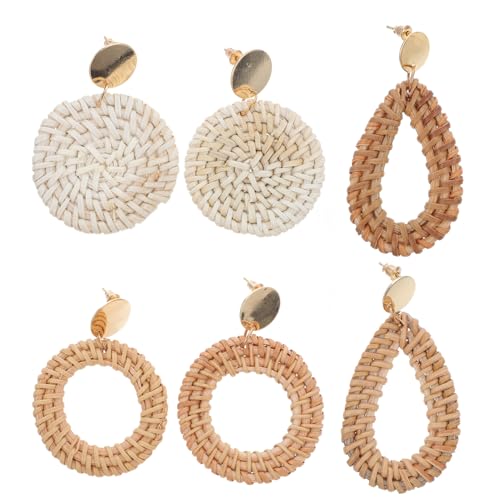 CAXUSD 3 Paare Damen Ohrringe Handgefertigt Rattan Ohrstecker Leicht Modisch Retro Stil Schmuck Geschenk von CAXUSD