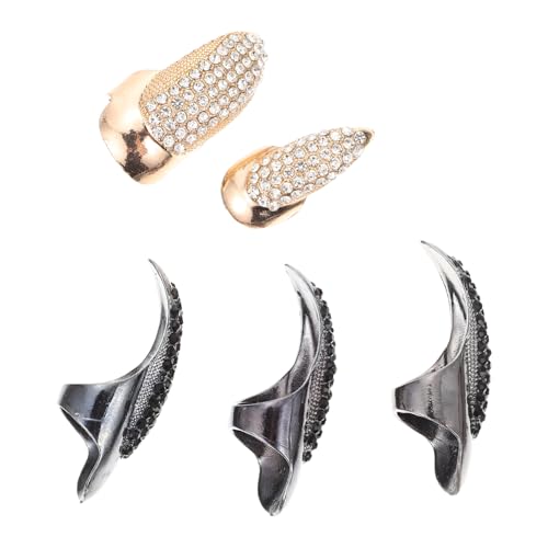 CAXUSD 5 Stück Teiliges Punk Finger Joint Ringe mit Strass Modische Lange Fingernägel Ringe in Schwarz und Gold Auffälliges Schmuck accessoire für Damen und Mädchen Passend zu Alltags von CAXUSD