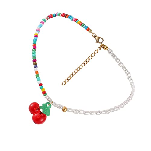 CAXUSD Bohemian Perlenkette mit Falschen Perlen Farbige Kunststoffperlen Halskette Asymmetrischer Cherry Anhänger Modischer Choker für Damen Langlebige und Vielseitige Halskette von CAXUSD