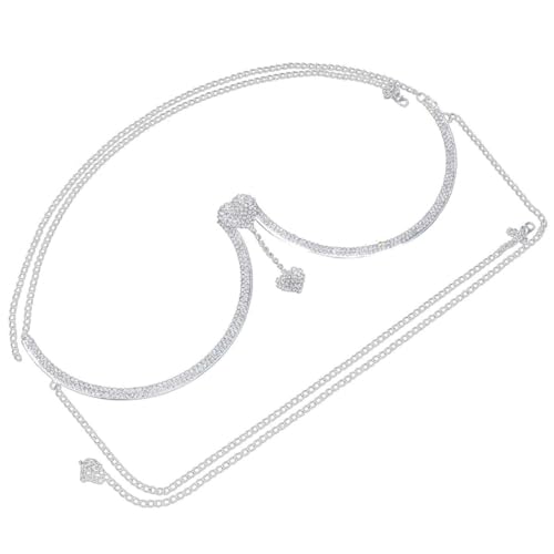 CAXUSD Damen Körperkette mit Strass Herz Anhänger Verstellbarer Brustriemen Schmuck Silberner Körperschmuck für Party Club und Festliche Anlässe Langlebig und Elegant von CAXUSD