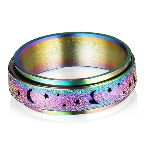 CAXUSD Titanium Moon Star Spinner Ring Drehbarer Fidget Fingerring für Frauen Leichtes Statement Schmuckstück Vielseitiger Unisex Ring Modischer Rotierender Bandring Farbig von CAXUSD