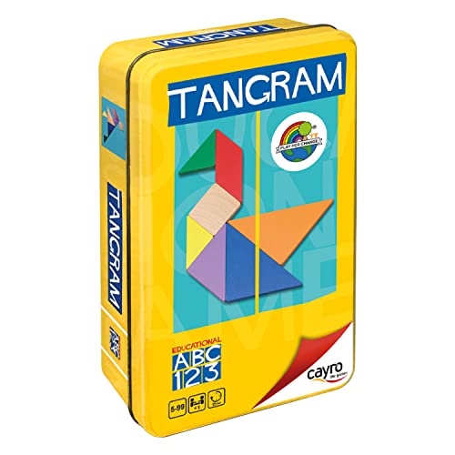 Cayro – Tangram – ab 7 Jahren – farbige Holzteile – Lernbrettspiel – ideal für Kinder und Erwachsene – 7 Tans, 1 Metallbox und illustriertes Buch - Entwicklung kognitiver Fähigkeiten und Intelligenz von Cayro