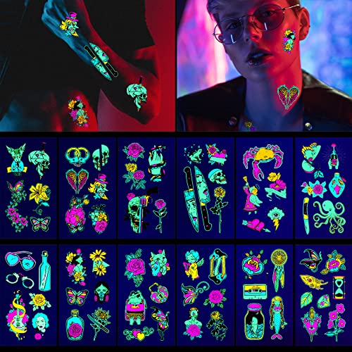 CAYUDEN Leuchtende Temporäre Tattoos - 12 Blätter Neon Tattoo Transferpapier, UV Aufkleber, Leuchtfarbe Fake Tattoo Sticker für Männer, Neon Party und Festival Accessoires CAYUDEN Leuchtende Temporäre Tattoos - 12 Blätter Neon Tattoo Transferpapier, UV Aufkleber, Leuchtfarbe Fake Tattoo Sticker für Männer, Neon Party und Festival Accessoires von CAYUDEN