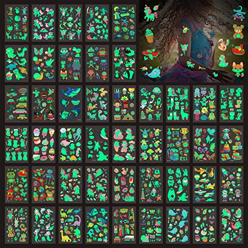 Temporäre Tattoo Kinder, CAYUDEN 46 Blätter Leuchten im Dunkeln Kinder Tattoo Jungen Mädchen Klebetattoos Kinder Dino Einhorn Tattoo zum Aufkleben Tattoo Sticker Set Temporäre Tattoos Leuchtend von CAYUDEN