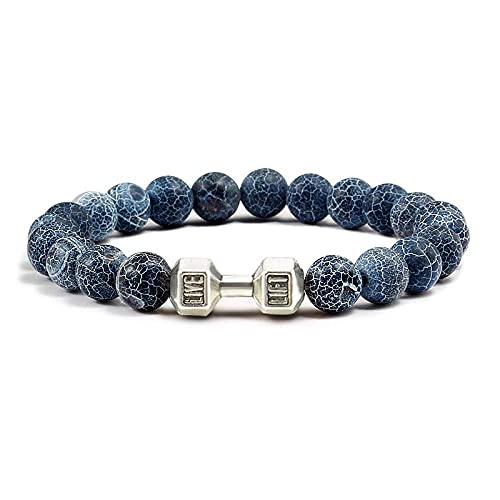 Handgefertigtes Herren-Armband mit Hantel-Anhänger, 8 mm, Türkis, Naturstein, Perlen, Charme, Yoga-Armband, Armreif für Paar, Geschenk, Retro-Blau von CAZARU