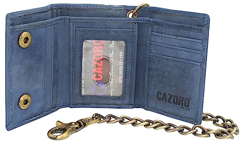 CAZORO Herren-Geldbörse mit RFID-Blockierung, dreifach gefaltet, Vintage-Stil, Leder, Biker-Kette, mit Schnappverschluss, Blau, Biker-Geldbörse von CAZORO