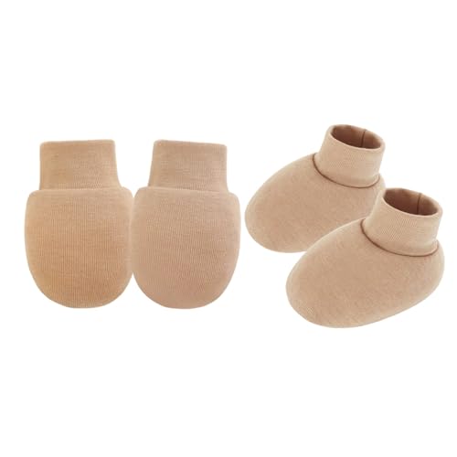 CAZSTYK 1 Set Baumwolle Neugeborene Anti Kratzer Fäustlinge und Schühchen Weiche Atmungsaktive Babysocken Handschuhe für Säuglinge Hautschutz Geschlechtsneutral Baby, khaki, Einheitsgröße von CAZSTYK