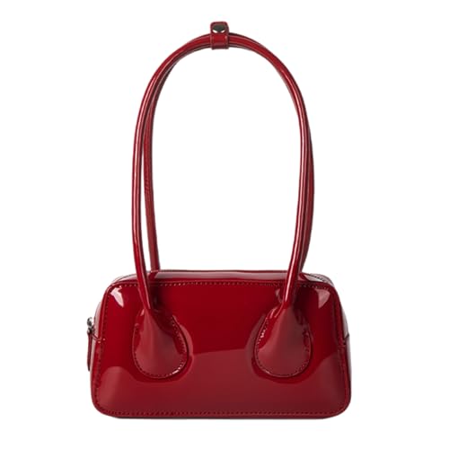 CAZSTYK Damen Koreanische einfache Umhängetasche Wetlook PU-Leder Unterarmtasche mit Tragegriff oben Reißverschluss Handtasche Schulranzen modisch, rot, universal von CAZSTYK