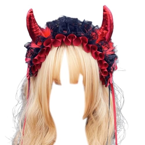CAZSTYK Kreatives gruseliges Teufelshorn-Haarband für Damen, plissiert, Spitze, Make-up, Hautpflege, Stirnband für Halloween, Fotografie, Haarband von CAZSTYK