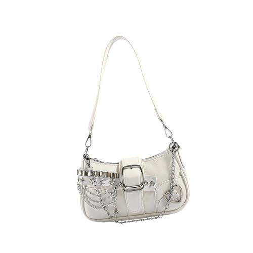 CAZSTYK Punk PU Leder Einzelne Umhängetasche mit Kette für Frauen Grunge Star Nieten Unterarm Geldbörse Handtasche Reißverschluss Achseltasche Metallschnallen, weiß, One Size von CAZSTYK