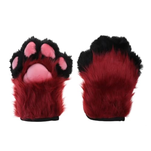 CAZSTYK Wolf Paw Handschuhe Faux Fäustlinge Winter Warm Tier Bär Cosplays Halloween Party Kostüm Zubehör für Erwachsene, Rote Haare, schwarze Kralle, As detailed discription von CAZSTYK