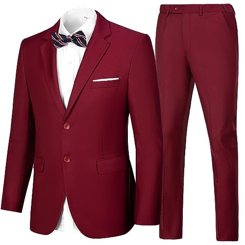 Herren-Anzüge, schmale Passform, Abschlussball, Homecoming Anzug für Herren, Hochzeit, Business, Tux-Outfit, 2-teiliges Anzug, Jacke, Blazer und Hosen-Set, Weinrot, L von CAZUOYI