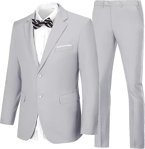 Herren-Anzüge Slim Fit Abschlussball Homecoming Anzug für Männer Hochzeit Business Smoking Outfit 2-teiliges Anzugjacke Blazer und Hose Set, Hellgrau, M von CAZUOYI