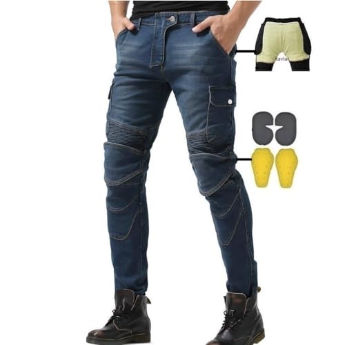 CBBI-WCCB Herren Moto Jeans Motorrad Hose mit Protektoren Motorradhose mit Aramid Schutzfutter Oberschenkeltaschen (Blau, L= 32W / 32L) von CBBI-WCCB