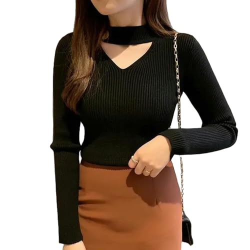 CBLdF Pullover Dicker Pullover-Frauenpullover V-Ausschnitt Slim-Fit Mit Gestrickter Basisoberseite-Schwarz-L von CBLdF